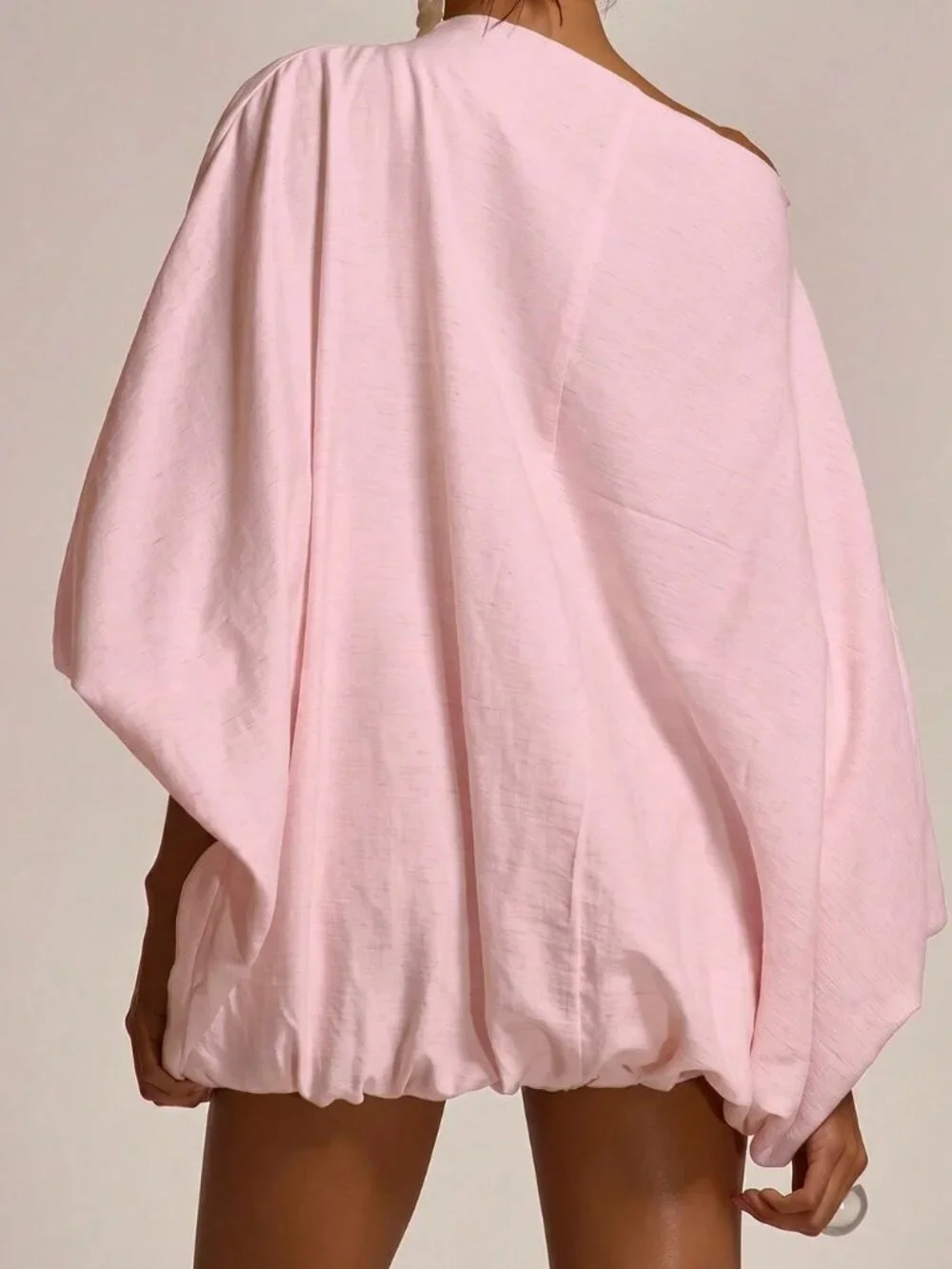 Pink Oversized Flowy Balloon Women's Slash Neck Cinched Mini Dress